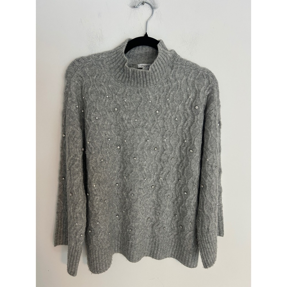 Chicos Gray Rhinestone Embellished Mock Neck Cable Knit Sweater Womens Size 1 M